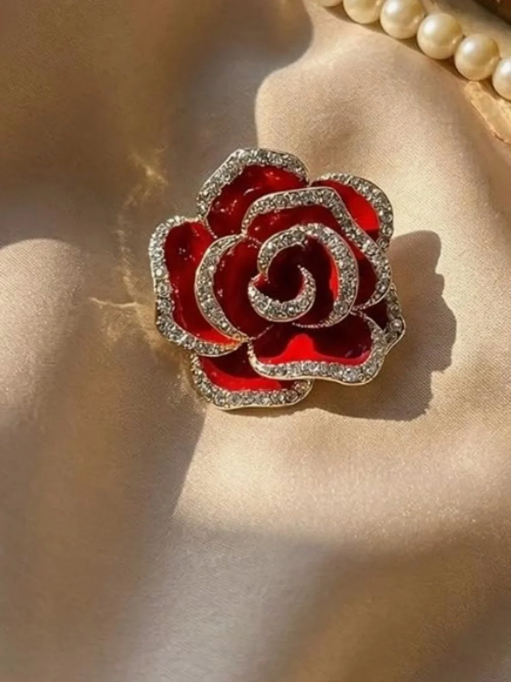 Anthropologie Red Rose Crystal-Edged Enamel Brooch